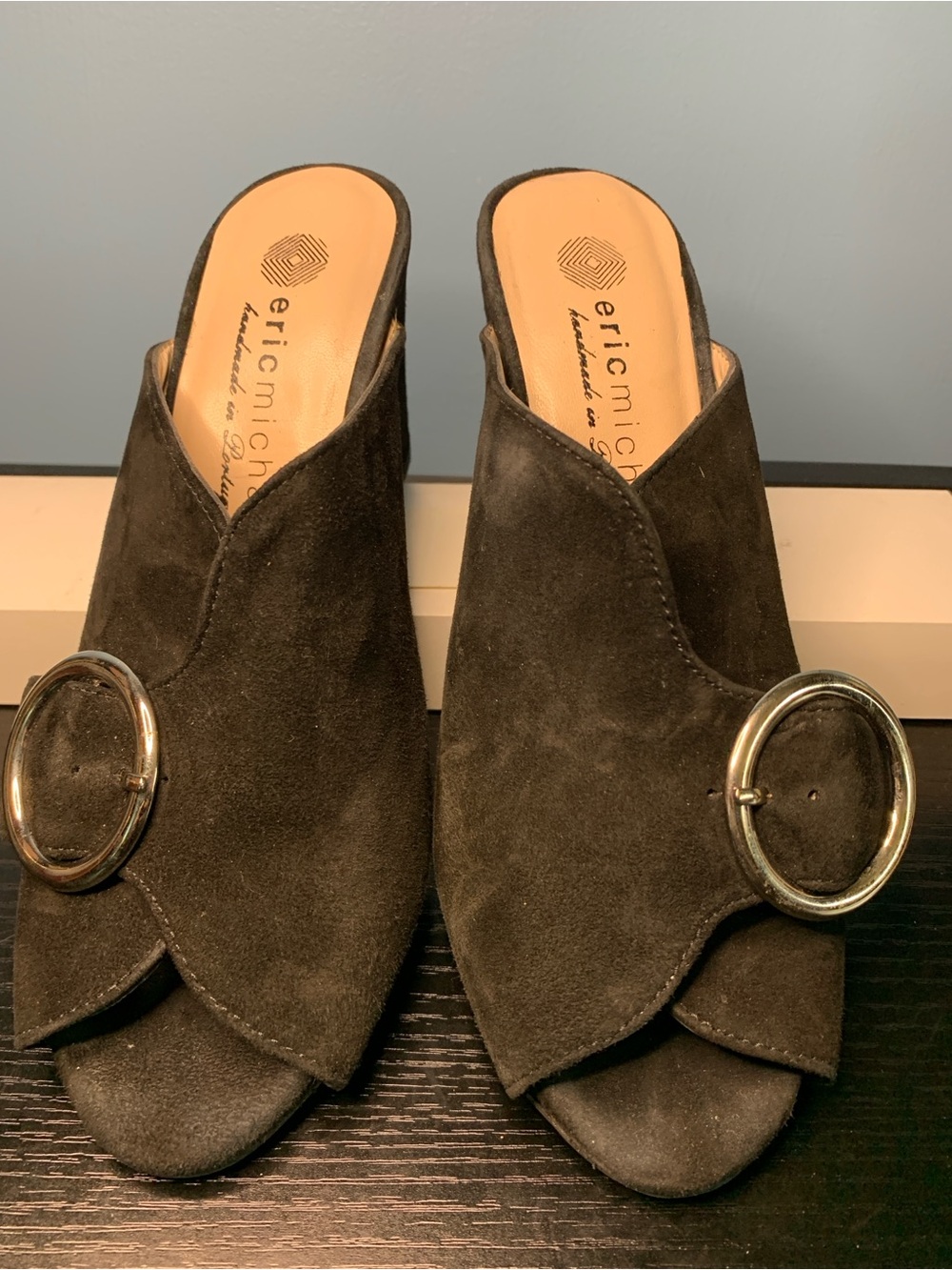 Eric Michael Black Suede Open-Toe Slide Mules with Silver Buckles